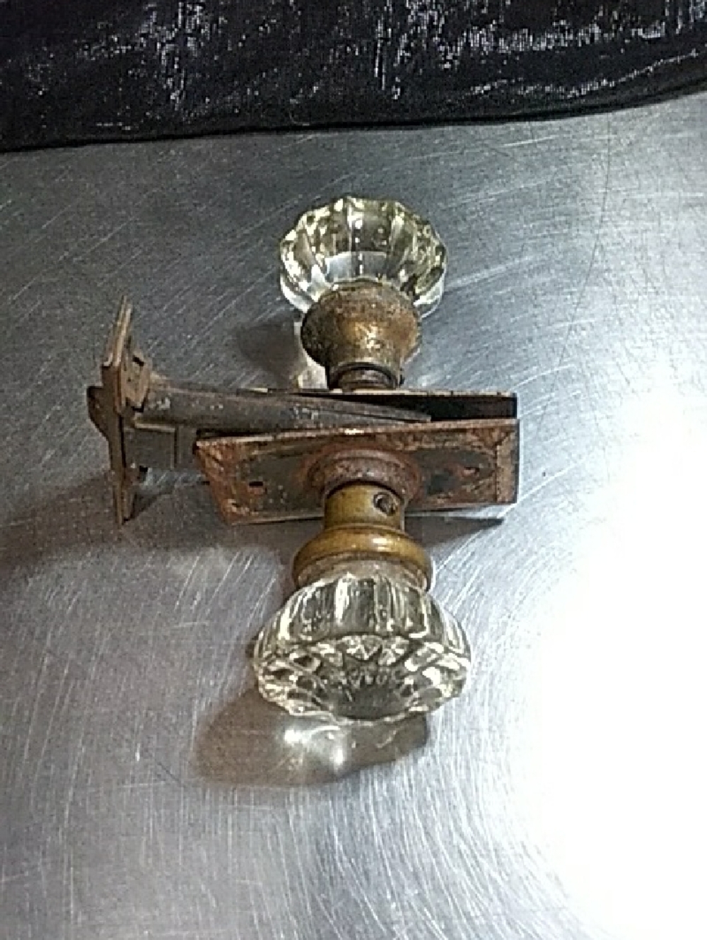 Vintage Glass Crystal Door Knob Set with Metal Backplate - Clear and Brass
